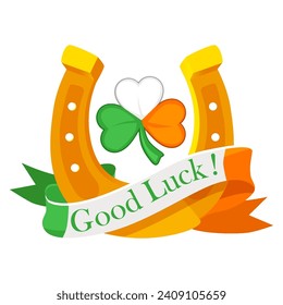 Cartoon Irish Horseshoe and clover, Good Luck. Decoration for greeting cards, posters, patches, prints for clothes, and emblems for St. Patrick Day