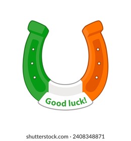 Cartoon Irish Horseshoe, Good Luck. Cartoon sticker with contour. Decoration for greeting cards, posters, patches, prints for clothes, emblems for St. Patrick day
