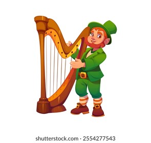 Cartoon Irish leprechaun man character playing harp for St Patrick day holiday, vector personage. Saint Patrick Day or Ireland holiday funny cartoon leprechaun character playing Celtic harp