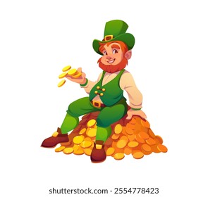 Cartoon Irish leprechaun man character sitting on a pile of golden coins, symbolizing good luck and prosperity. Isolated vector happy and cheerful Irish leprechaun personage of St Patrick Day folklore