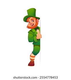 Cartoon irish leprechaun man character peeking from the side with playful expression. Isolated vector cheerful Saint Patrick day personage wearing a vibrant green outfit, embodying Irish folklore