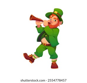 Cartoon Irish leprechaun man character in green outfit and hat playing wooden flute celebrating St Patrick Day. Isolated vector cheerful elf personage of folklore with red beard and magical charm