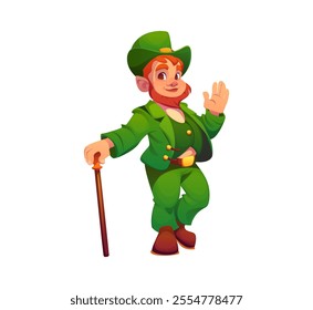 Cartoon irish leprechaun man character in green outfit holding a cane, exuding joy and mischief. Isolated vector folklore personage of St Patrick day. Redhead bearded elf in top hat with walking cane