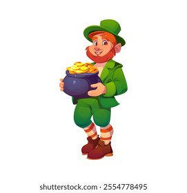 Cartoon irish leprechaun man character with cauldron brimming with golden coins. Isolated vector cheerful bearded elf with pot of gold and green outfit, personage of St Patrick Day and Irish folklore