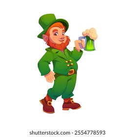 Cartoon Irish leprechaun man character holding a frothy beer mug. Isolated vector cheerful joyful elf dressed in green suit, cheerfully holding a tankard of traditional ale, celebrating St Patrick Day