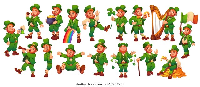 Cartoon Irish leprechaun man characters with beer, rainbow, golden coins and shamrock clover, vector icons. Saint Patrick Day or Ireland holiday leprechaun characters playing harp with green ale beer