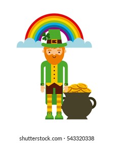 cartoon irish leprechaun man with A Pot with Gold coins and rainbow  icon over white background. Saint Patrick's Day concept. colorful design. vector illustration