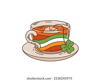 Taza de té irlandesa de dibujos animados, bebida del día de San Patricio. Taza transparente de cristal de Vector aislada en platillo con los colores de la bandera de Irlanda de verde, blanco y naranja, y bolsita de té con trébol, planta del trébol del trébol