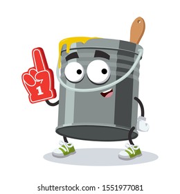 cartoon iron bucket with paint character mascot with the number 1 one sports fan hand glove on a white background