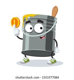 cartoon iron bucket with paint mascot keeps the coin on white background