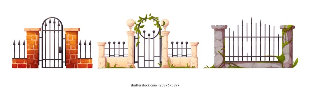 Cartoon iron gates with stone and brick fence set. Garden entrance with metal railings, marble pillars, wrought spikes, green creeping leaf and moss elements. Architecture barrier construction.