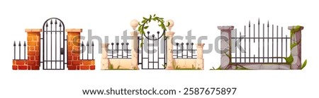 Cartoon iron gates with stone and brick fence set. Garden entrance with metal railings, marble pillars, wrought spikes, green creeping leaf and moss elements. Architecture barrier construction.