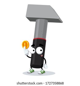 cartoon iron hammer with rubberized handle mascot keeps the coin on white background