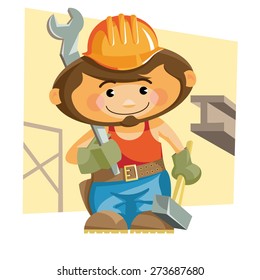 Cartoon iron worker with a hammer and a wrench. Vector illustration