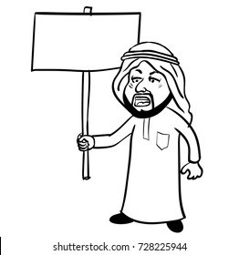 Cartoon of Islam Arab man Protest, muslim man in traditional white robe costume and skullcap holding blank placard with copy space isolated. Vector Illustration
