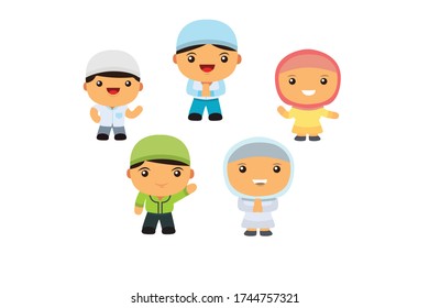 Cartoon Islamic Family of Five Graphic Illustration