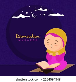 Cartoon Islamic Girl Offering Namaz (Prayer) With Holy Quran Book At Mat On The Occasion Of Ramadan Concept.
