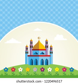 cartoon islamic greeting card, cute, lovely and adorable design. with colorful flat mosque
