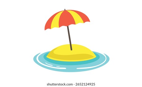 Cartoon Island with Beach Umbrella Surrounded by Water Isolated on White