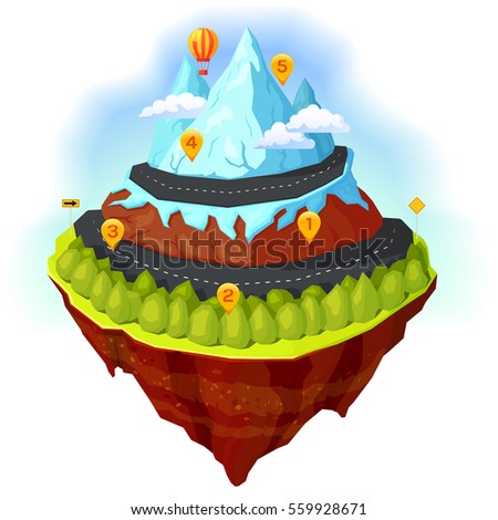 Cartoon island map composition with forest and mouintain road balloon and landmarks vector illustration