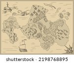 Cartoon island map template for next level game - adventures, treasure hunt. Pirate map with octopus, scorpion, sharks, snake, scull. Hand drawn vector illustration, vintage background