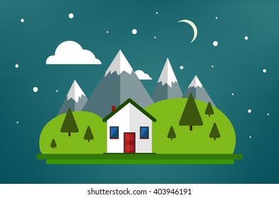 Cartoon island with mountains, hills, trees and grass illustration simple background.