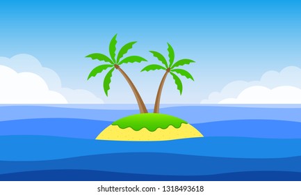 Cartoon Island with palm trees and the sandy beach banner. Tropical landscape with island, sea or ocean and sky. Vector illustration.