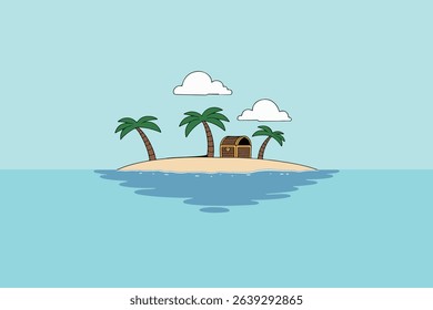 A cartoon island with palm trees, a treasure chest, and clouds in a light blue sky and ocean setting.
