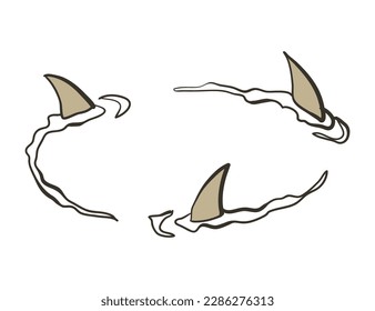 Cartoon island pirate map item, sharks. Hand drawn symbols in engraved style of vector illustration isolated on white background
