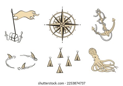 Cartoon island pirate map items. Hand drawn symbols in engraved style of vector illustration isolated on white background