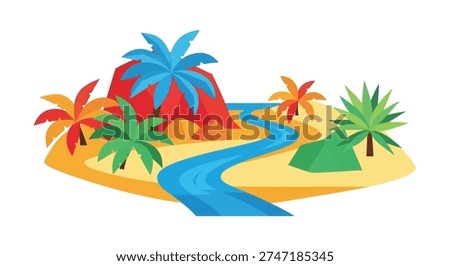 A cartoon island with a river and palm trees isolated on white background, Vector, illustration