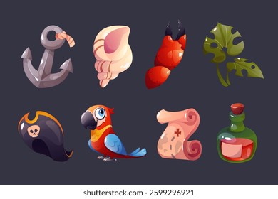 Cartoon island set of anchor, map, seashell, parrot and other tropical illustrations