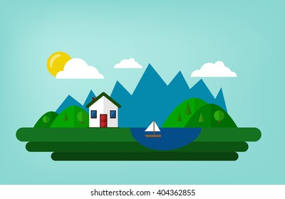 Cartoon island in the summer with hills, mountains and lake. Simple vector illustration.