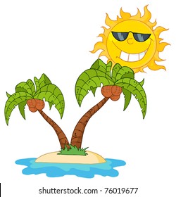 Cartoon Island With Two Palm Tree And Sun