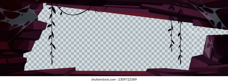 Cartoon isolated abandoned stone cave entrance vector illustration. Jungle mine frame inside view game template. Empty underground tunnel rocky border with spider web. Tropic mountain cavern adventure