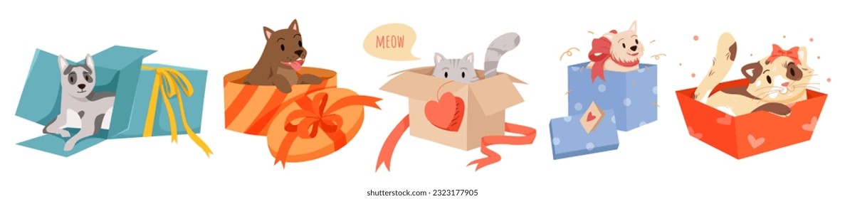 Dibujo aislado de mascotas adorables jugando, sentándose y escondiéndose en las cajas de cartón con cintas y proa, divertidos animales esponjosos a adoptar. Gatos felices y perros en cajas de regalo conjunto ilustración vectorial