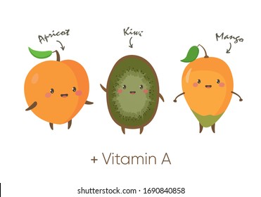 Cartoon isolated apricot, kiwi, mango. Cartoon apricot, kiwi, mango on white background.