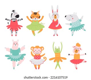 Cartoon isolated ballerina animals. Dancing bunny, zebra and tiger. Ballet animal dance, funny scandinavian style classy childish vector clipart