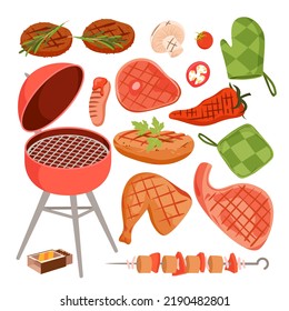 Cartoon isolated barbeque menu for summer party with meat on skewer and sausage, beef steak and vegetables, kitchen equipment and tools. BBQ set, hot barbecue grilled food vector illustration