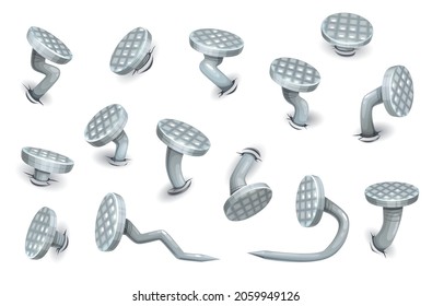 Cartoon isolated bent nails and hobnails vector set. Steel metal sharp hardware spikes of grey color with checkered heads, curved and hammered into wall or floor old iron carpentry items