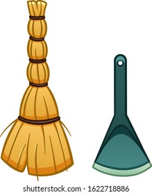 Cartoon isolated besom and dustpan for cleaning. White background, vector.