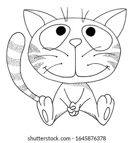Cartoon an isolated cat with big eyes and smile. Black outline Hand drawing coloring book for children and adults.  Design for cards, flyers, brochures. Vector. Eps 8.