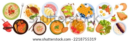 Cartoon isolated cereal breakfast with fruit in bowl, avocado and salmon morning toast, fried bacon and eggs, fish and meat with vegetables in pan top view. Tasty food set vector illustration