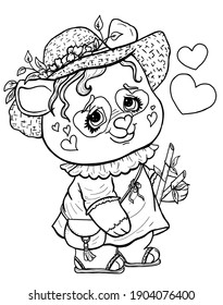 Cartoon isolated character, cute little girl panda with round head and big eyes, with cheeks-hearts and nose, in big straw hat with flowers, in dress with a bag and with bamboo in a paw.