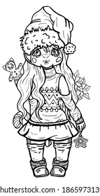 Cartoon isolated  character in full growth, fairytale little christmas girl with long hair and smile, with cap on his head, in dress and high socks, with candy, gingerbread and Christmas toy in hand.