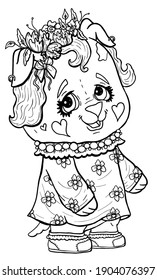 Cartoon isolated character in full growth, cute baby dog, adorable girl puppy with big eyes and cheeks-heart, with earrings and flower wreath, in dress with collar and beads, and sneakers.