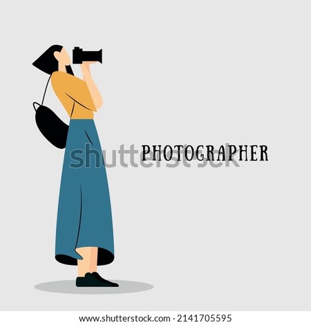 Cartoon isolated character holding a camera, photographer. Colorful flat illustration.