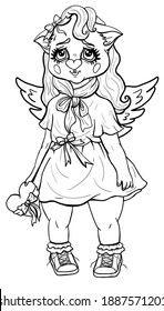 Cartoon isolated character, romantic girl, kitten angel with fluffy eyelashes, big eyes and a heart-shaped nose, with long hair and wings, in dress with bow-knots, in sneakers, with a heart in a paw.