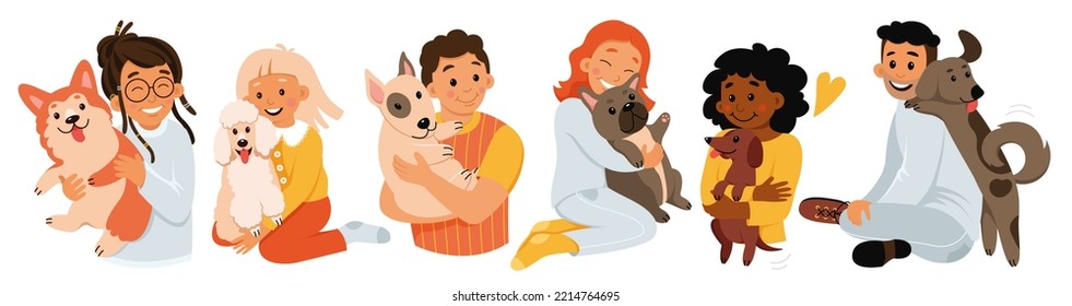 Cartoon isolated child and adult characters holding cute animals companions of different breeds, collection of person holding adorable puppy. Pet owners love and care dogs set