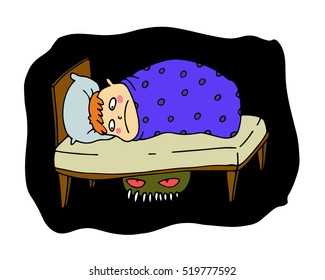 Cartoon isolated child have a problems with a sleep because of nightmares about the monster under bed and fear of darkness which causes insomnia